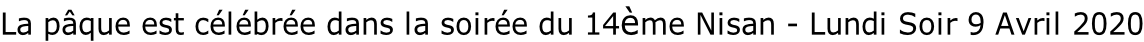 La pâque est célébrée dans la soirée du 14ème Nisan - Lundi Soir 9 Avril 2020